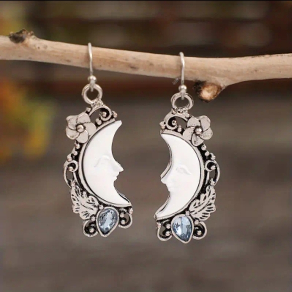 BOHO CRESCENT MOON 🌙 DROP EARRINGS WITH BLUE TOPAZ ACCENT. FRENCH HOOK. - Picture 2 of 4